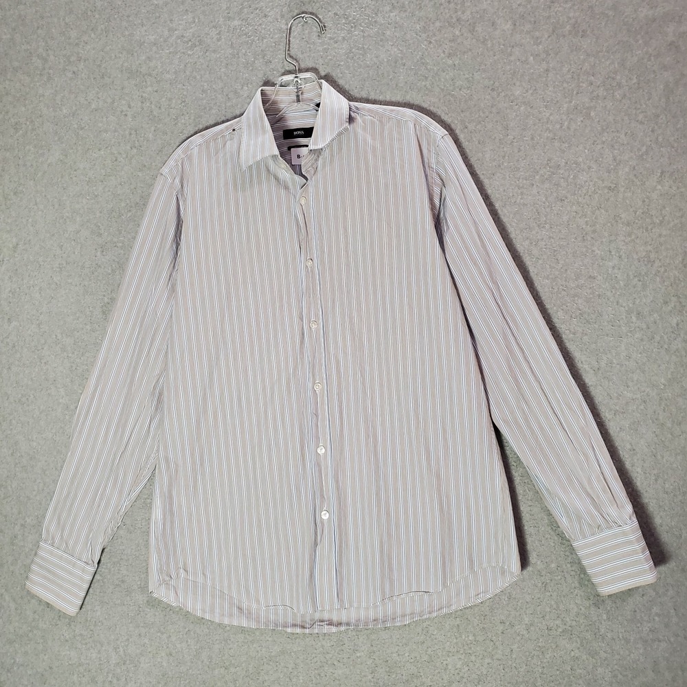 Boss Hugo Boss Men Button Up Dress Shirt 34/35 Beige Striped Regular Fit Collar